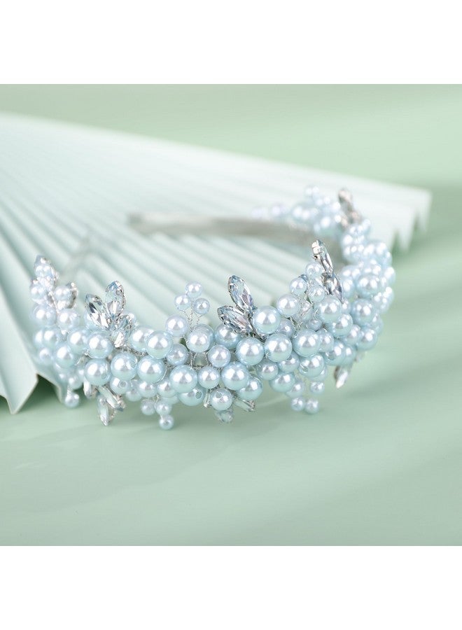 BERYUAN Pearls Rhinestone Wedding Headband Mint Blueteardrop Rhinestone Pearls Wedding Hair Accessories Princess Bridal Headband Pearls Wedding Headpiece For Brides Bridesmaid Girls (Mint Blue) - Image 1