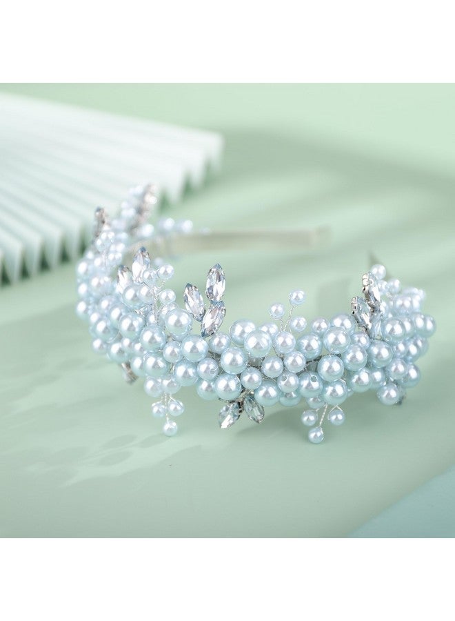 BERYUAN Pearls Rhinestone Wedding Headband Mint Blueteardrop Rhinestone Pearls Wedding Hair Accessories Princess Bridal Headband Pearls Wedding Headpiece For Brides Bridesmaid Girls (Mint Blue) - Image 2
