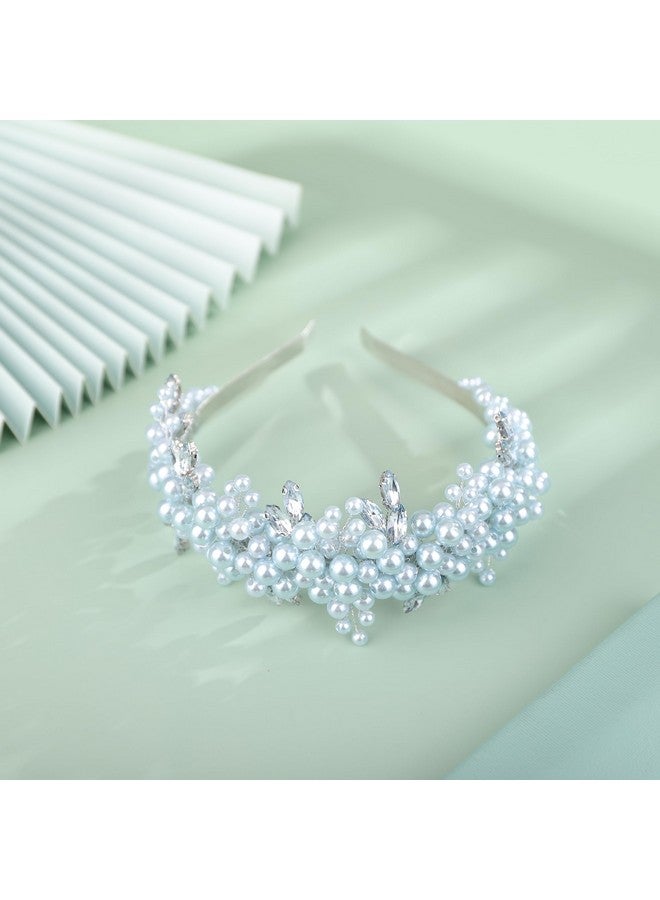 BERYUAN Pearls Rhinestone Wedding Headband Mint Blueteardrop Rhinestone Pearls Wedding Hair Accessories Princess Bridal Headband Pearls Wedding Headpiece For Brides Bridesmaid Girls (Mint Blue) - Image 3