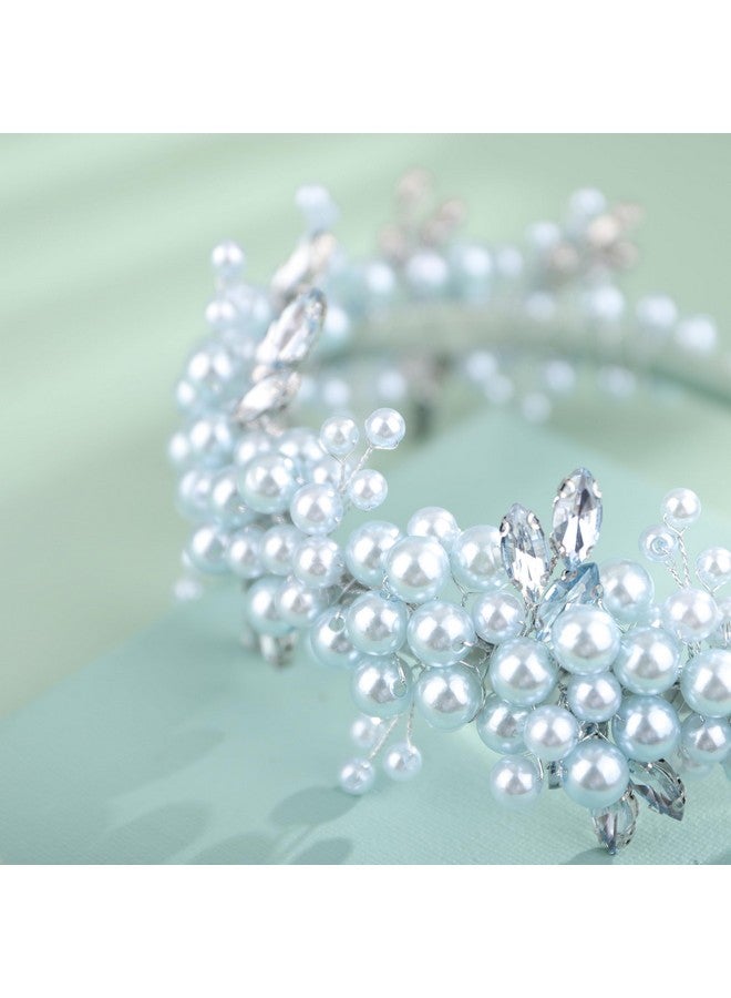 BERYUAN Pearls Rhinestone Wedding Headband Mint Blueteardrop Rhinestone Pearls Wedding Hair Accessories Princess Bridal Headband Pearls Wedding Headpiece For Brides Bridesmaid Girls (Mint Blue) - Image 4
