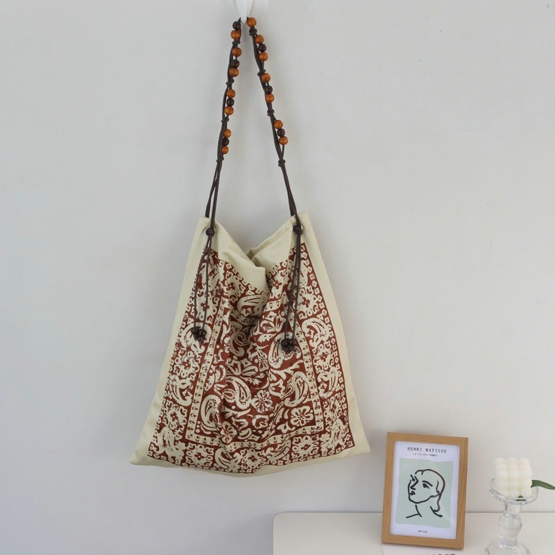 French Silk Scarf Double-Sided Art Print Tote Bag Large Capacity Commuter Bag Beaded Shoulder Armpit Bag Handbag for Women 1 # -cashew nuts are different colors on both sides