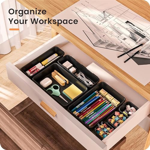 Shuttle Art Drawer Organiser - Drawers Organiser System Drawer Inserts Storage Boxes for Office, Kitchen, Bathroom, Desk, Cosmetics Dressing Table (8 Pcs Tray,Black) - Image 2