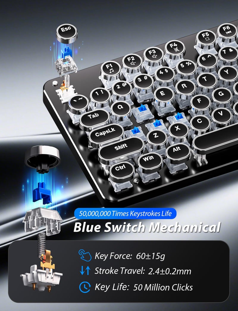 Taiahiro Typewriter Mechanical Gaming Keyboard and Mouse, 104-Key Full Size Retro Keyboards Metal Panel Punk Round Keycap Clicky Blue Switch with RGB Backlit Mouse and Pad Combo for PC Laptop Mac Gamer, Black - Image 3