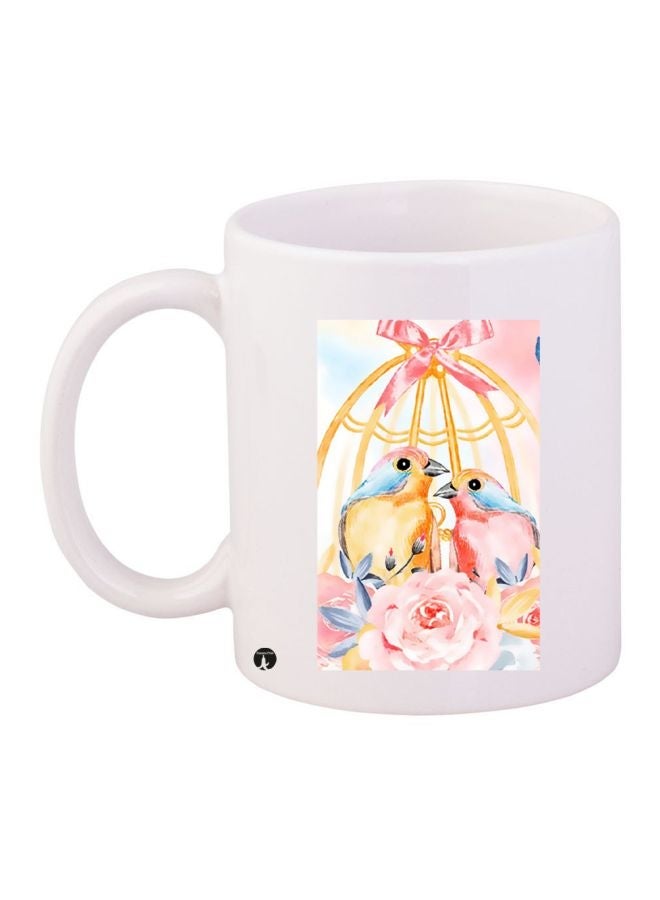 RYN Birds And Flower Printed Coffee Mug White/Pink/Yellow 11ounce
