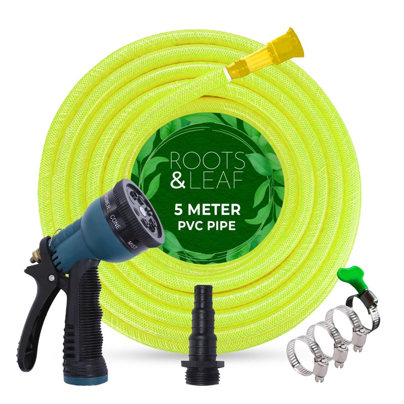 ROOTS & LEAF Roots and Leaf 5M 0.5 Inch Braided PVC Garden Hose Pipe with 8 Pattern Spray Gun with 4 Clamps and tap Adaptor - Yellow | Heavy Duty Water Pipe for Garden, Car Washing, Garden Pipe for Home - Image 5