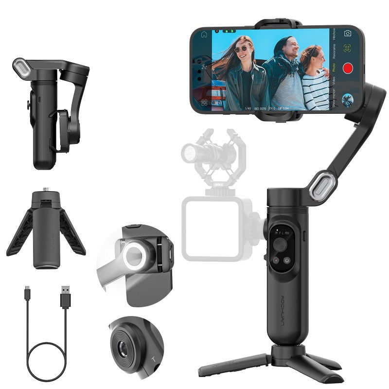 AOCHUAN 3-Axis Gimbal Stabilizer for iPhone 15/14/13 Pro Max Android,Foldable Smartphone Gimbal w/Built-in Fill Light,1/4 Thread,Professional Anti-Shake Video Record for TikTok YouTube(Smart X Black) - Image 1