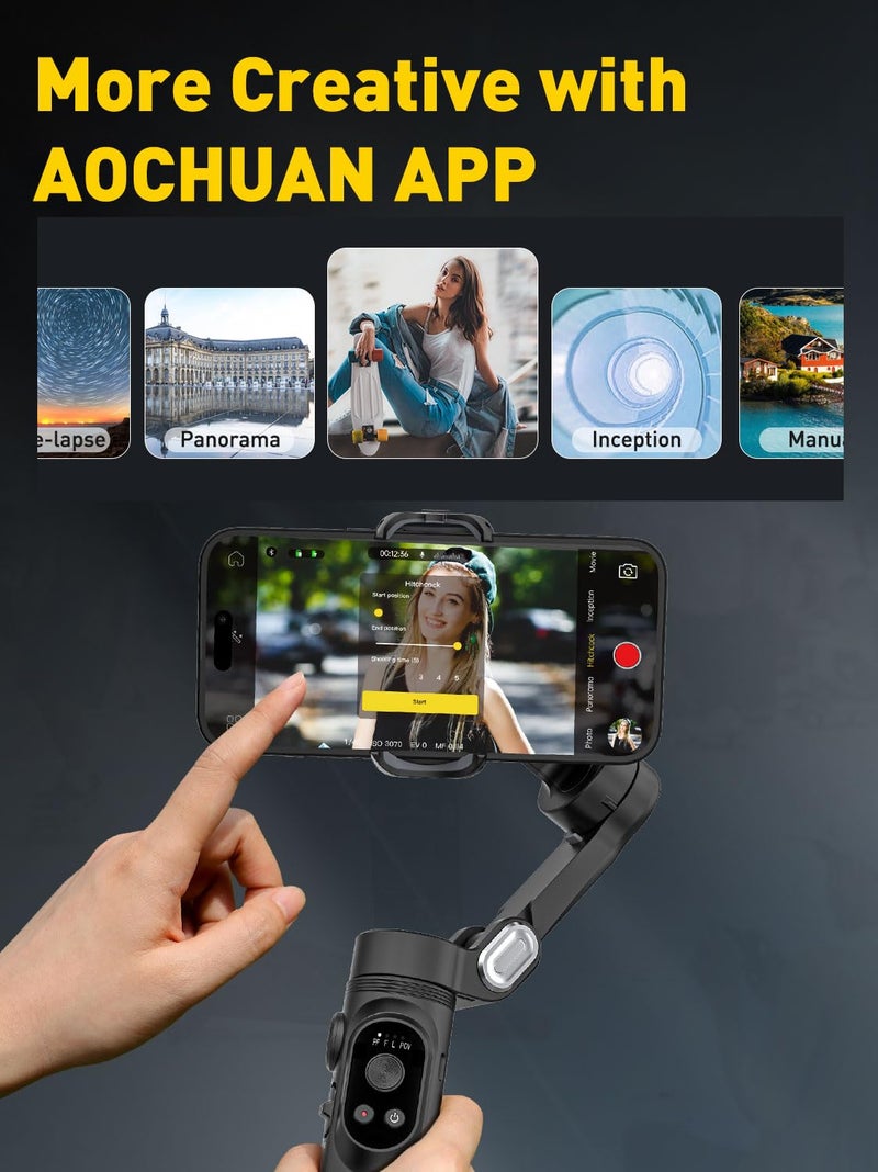 AOCHUAN 3-Axis Gimbal Stabilizer for iPhone 15/14/13 Pro Max Android,Foldable Smartphone Gimbal w/Built-in Fill Light,1/4 Thread,Professional Anti-Shake Video Record for TikTok YouTube(Smart X Black) - Image 5
