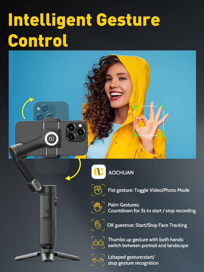 AOCHUAN 3-Axis Gimbal Stabilizer for iPhone 15/14/13 Pro Max Android,Foldable Smartphone Gimbal w/Built-in Fill Light,1/4 Thread,Professional Anti-Shake Video Record for TikTok YouTube(Smart X Black) - Image 4