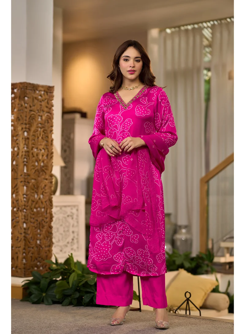 Priya’s Panache Premium Fuchsia Pink Gaji Satin 3 Piece Suit Set for Women with Dupatta & Pants | Indian Ethnic Wear | Salwar Suit for Women | Kurta Set Ladies | Kurti Pant Dupatta Set | Bandhani Printed Suit | Festive, Wedding & Party Wear
