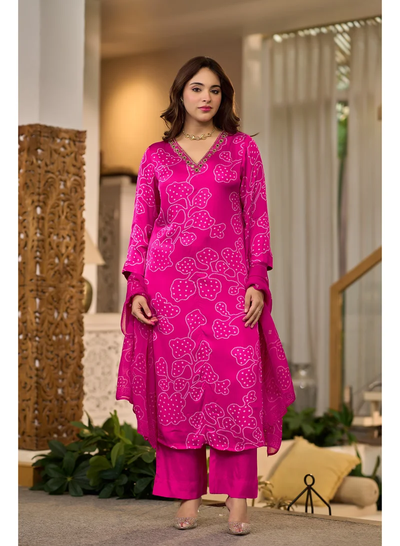 Premium Fuchsia Pink Gaji Satin 3 Piece Suit Set for Women with Dupatta & Pants | Indian Ethnic Wear | Salwar Suit for Women | Kurta Set Ladies | Kurti Pant Dupatta Set | Bandhani Printed Suit | Festive, Wedding & Party Wear