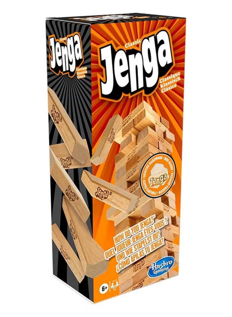 HASBRO - GAMING Classic Jenga Game - 54 Pcs Genuine Hardwood Blocks, Jenga Stacking Tower Party Game For Family And Kids Ages 6+, Fun Birthday Gift & Gift For All Occasions, 8.1x8.1x28cm 1 or More Players Players - Image 1