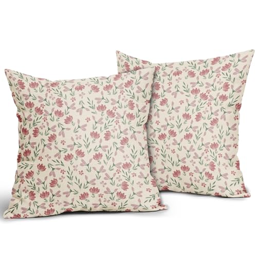Aytipun Green Pink Floral Pillow Covers 18x18 Set of 2 Vintage Rustic Old Style Cute Small Flower Print Decorative Outdoor Pillowcases Farmhouse Throw Cushion Case Decor for Couch Sofa Bed - Image 3