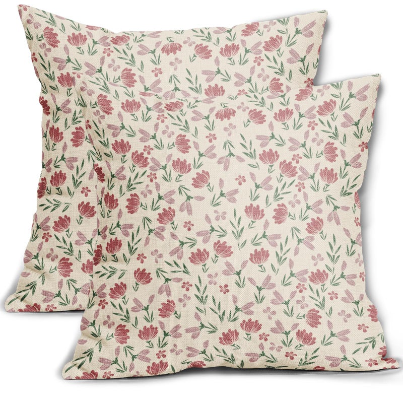 Aytipun Green Pink Floral Pillow Covers 18x18 Set of 2 Vintage Rustic Old Style Cute Small Flower Print Decorative Outdoor Pillowcases Farmhouse Throw Cushion Case Decor for Couch Sofa Bed - Image 2
