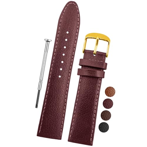 DBLACK ''BLIKING'' Leather Watch Strap, Pebble Design Pattern, Thin Leather Watch Belt // For 10mm, 12mm, 14mm, 16mm, 18mm, or 20mm Watch Band (Choose Your Size & Color) (Maroon, 20mm / Gold) - Image 1