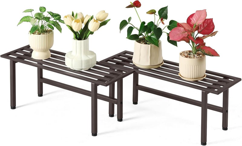Dipion 2 Pack Metal Plant Stand Outdoor Plant Shelf Indoor,1 Tier Heavy Duty Plant Stands for Multiple Plants,26" L x 10.12" H x 8.75" W,Coffee - Image 1