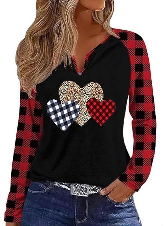 Valentine's Day Shirt Women Buffalo Plaid Love Heart Graphic Tees Letter Print Long Sleeve Tops Shirts, B-red-4, M
