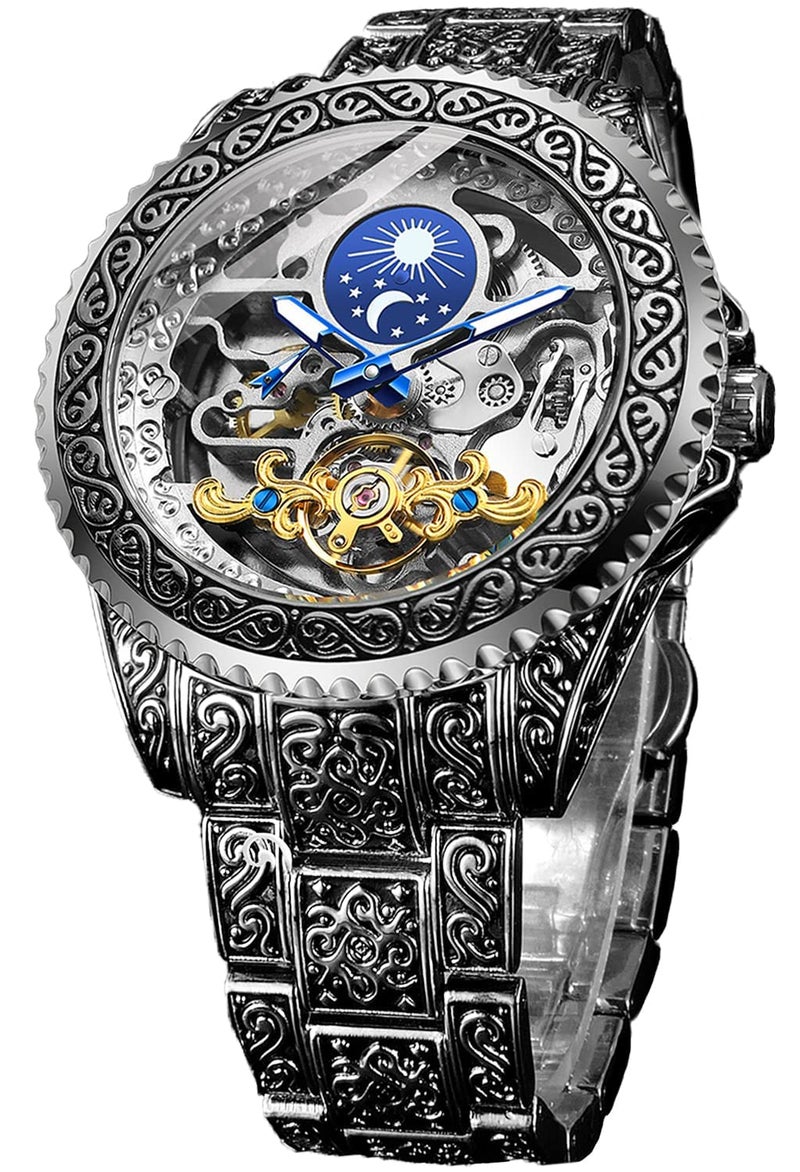 FORSINING Retro Watch for Men Carved Self-Wind Mechanical Tattoo Tourbillon Moon Phase Independent Seconds Skeleton Automatic Big Dial Wrist Watches,Silver - Image 1
