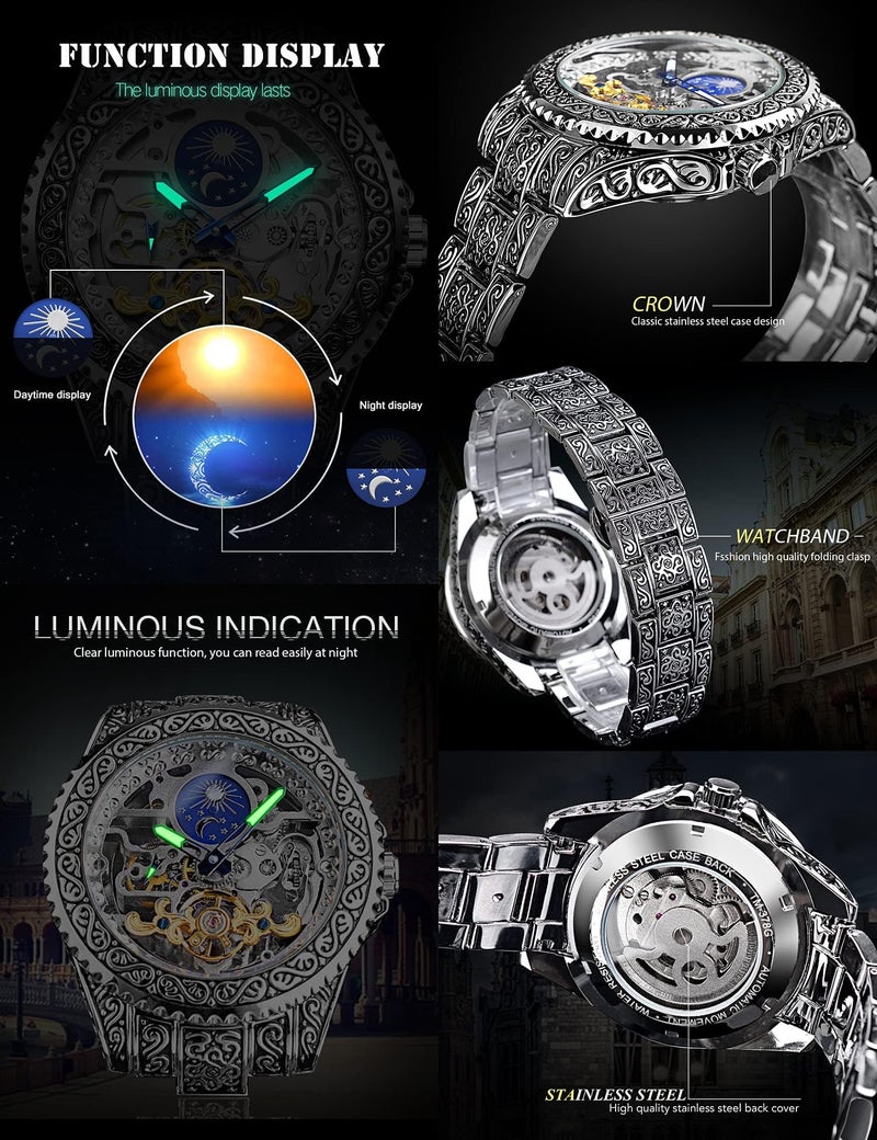 FORSINING Retro Watch for Men Carved Self-Wind Mechanical Tattoo Tourbillon Moon Phase Independent Seconds Skeleton Automatic Big Dial Wrist Watches,Silver - Image 5