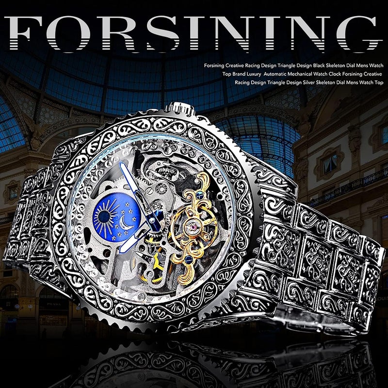FORSINING Retro Watch for Men Carved Self-Wind Mechanical Tattoo Tourbillon Moon Phase Independent Seconds Skeleton Automatic Big Dial Wrist Watches,Silver - Image 3