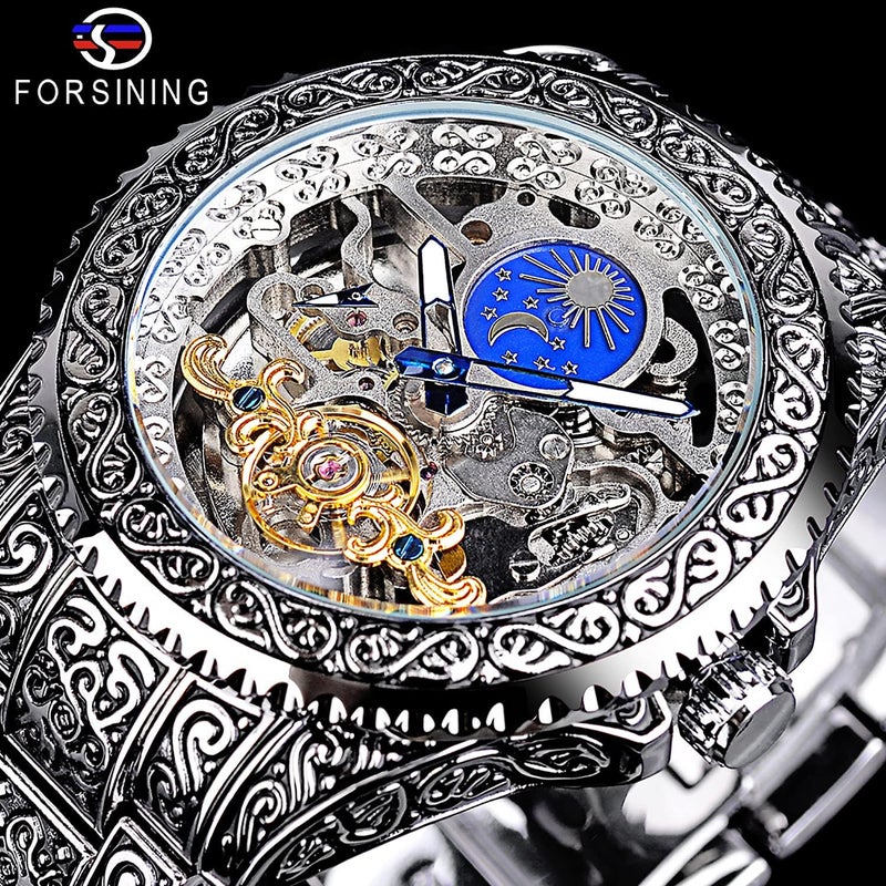 FORSINING Retro Watch for Men Carved Self-Wind Mechanical Tattoo Tourbillon Moon Phase Independent Seconds Skeleton Automatic Big Dial Wrist Watches,Silver - Image 2