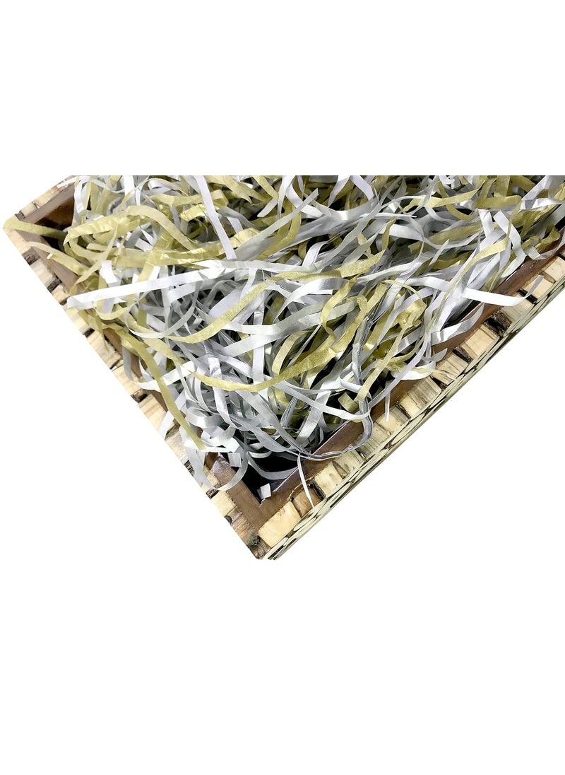 ECO SARRAS Metallic Gold and Silver shredded paper crinkle paper grass strips gift tray decoration gift hamper decorations gift box fillers wedding birthday diwali Dusshera decoration 200 Grams  - Image 1
