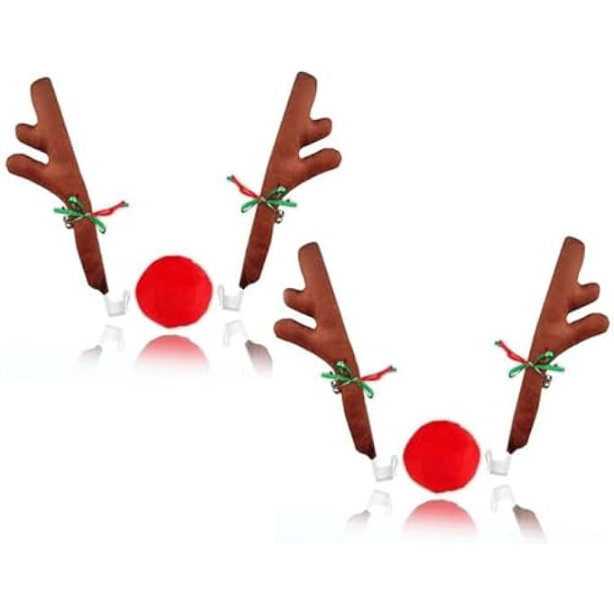 rayihni Christmas Car Reindeer Antlers and Nose Set 2 Pack- Rudolph Car Accessory Jingle Bell Antlers and Nose Car Costume Decoration Set for Holiday - Image 2