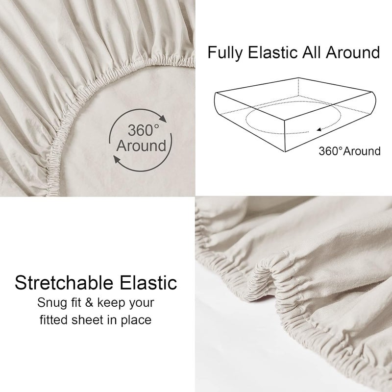 PHF 100% Garment Washed Cotton Fitted Sheet Queen Size (152cm x 203cm), Cozy Cloud Soft Linen Bottom Sheet, Deep 40cm Pocket, Easy Fit and Breathable, Natural - Image 5