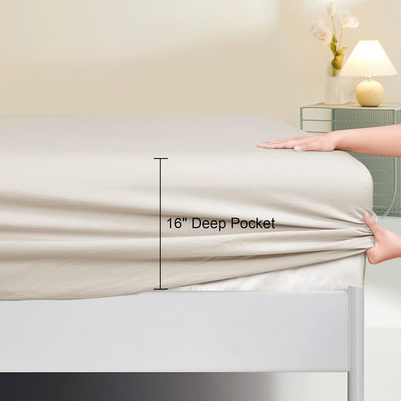 PHF 100% Garment Washed Cotton Fitted Sheet Queen Size (152cm x 203cm), Cozy Cloud Soft Linen Bottom Sheet, Deep 40cm Pocket, Easy Fit and Breathable, Natural - Image 4
