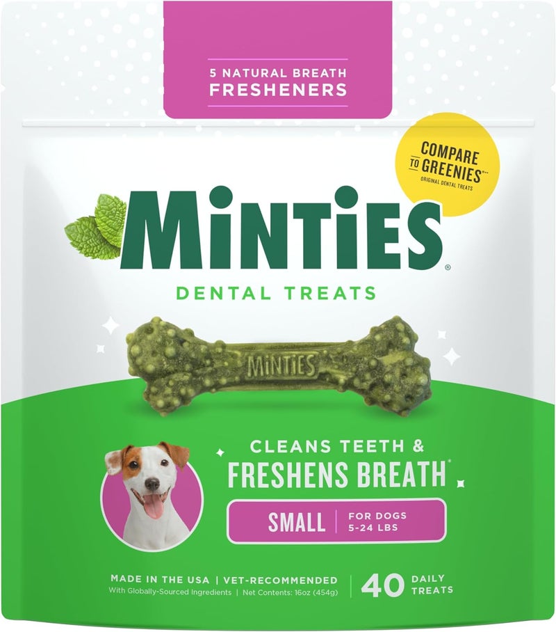 Minties Dental Chews for Dogs, 40 Count, Vet-Recommended Mint-Flavored Dental Treats for Tiny/Small Dogs 5-24 lbs, Dental Bones Clean Teeth, Fight Bad Breath, and Removes Plaque and Tartar - Image 1
