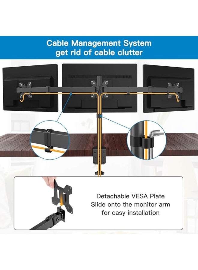 Triple Monitor Desk Mount & Gas Spring Arm – Heavy-Duty Stand for 3 Computer Screens (13 to 24 Inches) – Supports 10 kg Per Arm – Height Adjustable with 2 Mounting Options – VESA 75x75 & 100x100mm Compatible - Image 4