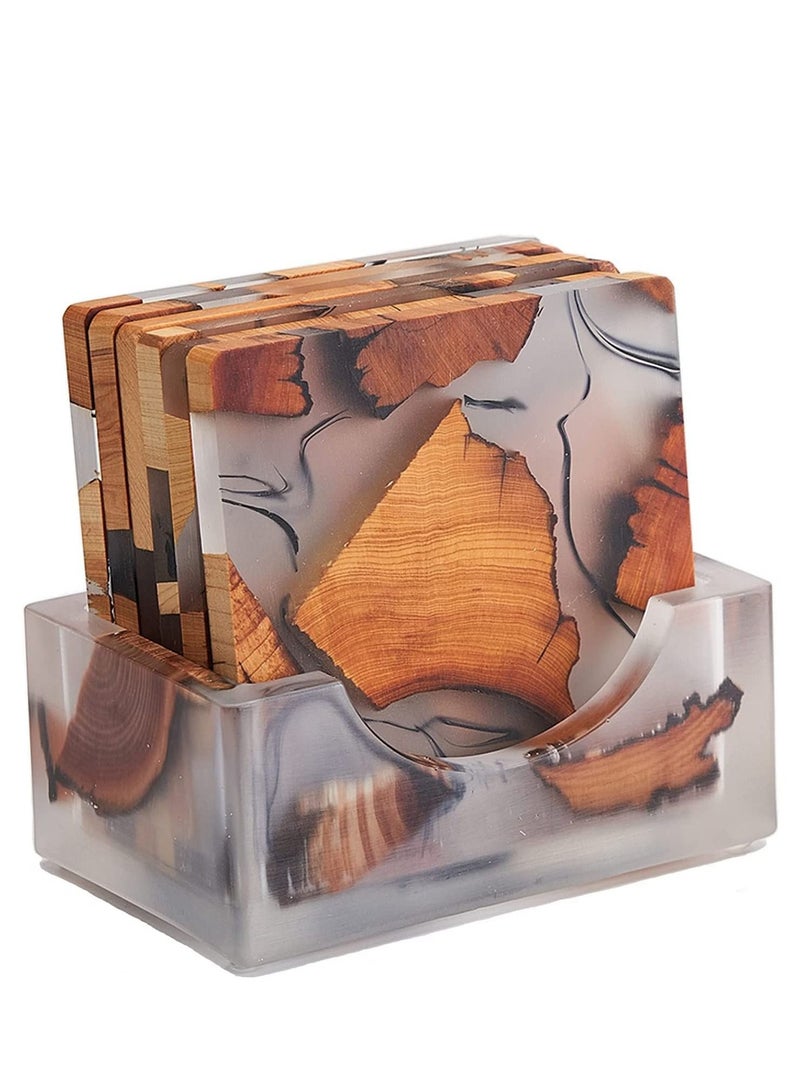 Excefore Wooden Coasters for Drinks, 6Pcs Natural Cedar Wood Coaster with Holder, Epoxy Coasters, Large Size Modern Coffee, Tea Home Decor  - Image 1