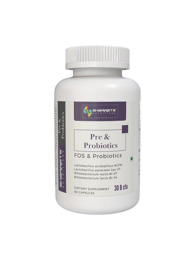 Sharrets - Pre & Probiotics 2 X 60 Capsules - Gut Health Supplement With Fos Prebiotics & 30 B Cfu Probiotic Cultures - Image 1