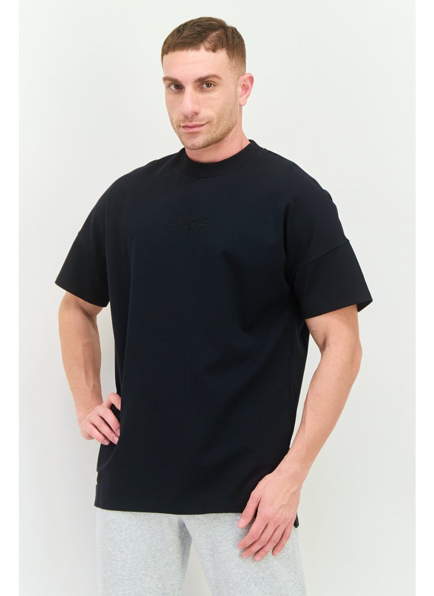 SQUATWOLF Men Oversized Embroidered Logo Short Sleeves Outdoor T-Shirt, Black  - Image 1