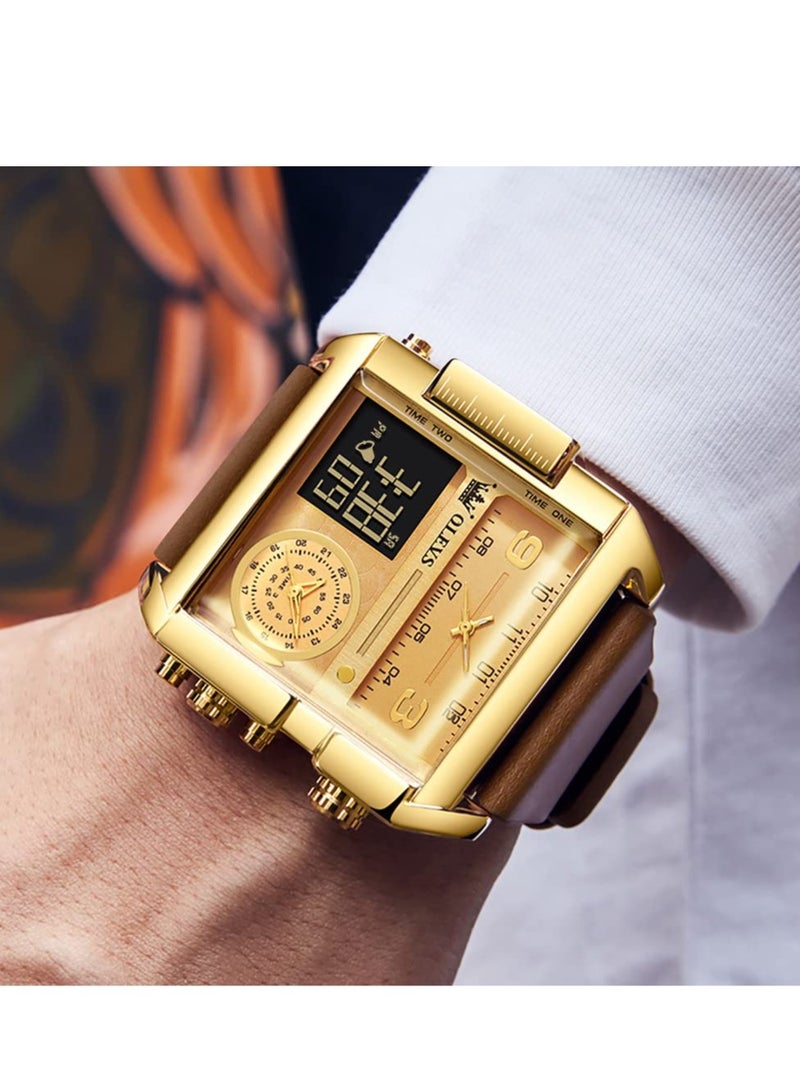 OLEVS Men's Sports Watch Big Face Digital Analog Quartz Watch LED Square Multi-Time Zone Waterproof Stopwatch - Image 3