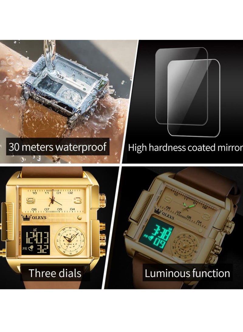 OLEVS Men's Sports Watch Big Face Digital Analog Quartz Watch LED Square Multi-Time Zone Waterproof Stopwatch - Image 5