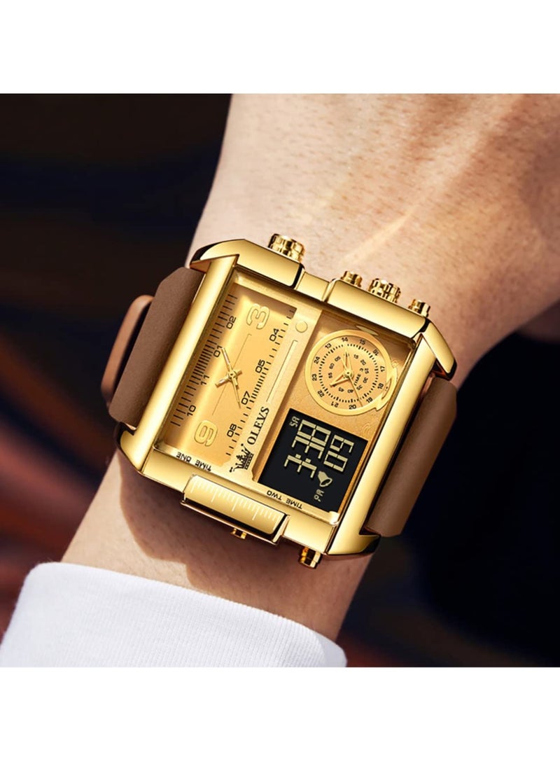 OLEVS Men's Sports Watch Big Face Digital Analog Quartz Watch LED Square Multi-Time Zone Waterproof Stopwatch - Image 2