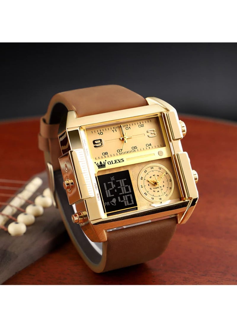 OLEVS Men's Sports Watch Big Face Digital Analog Quartz Watch LED Square Multi-Time Zone Waterproof Stopwatch - Image 4