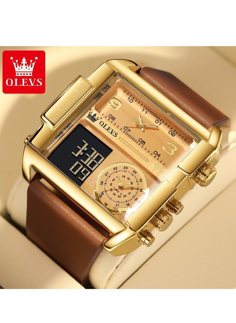 OLEVS Men's Sports Watch Big Face Digital Analog Quartz Watch LED Square Multi-Time Zone Waterproof Stopwatch - Image 1