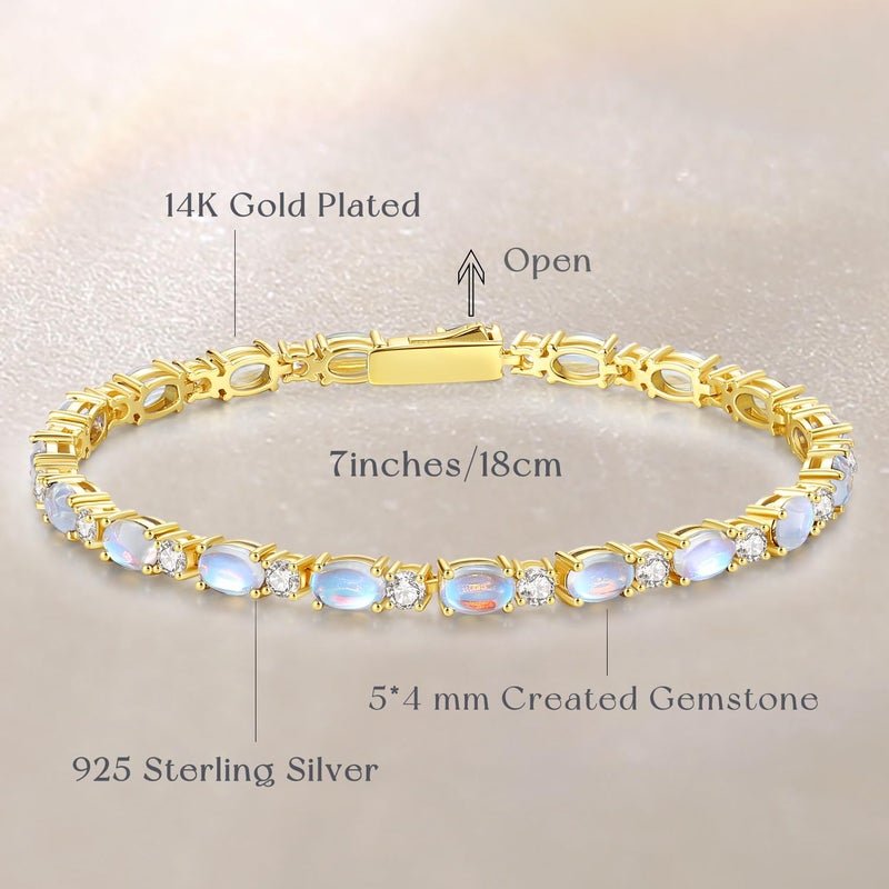 FANCIME 14K Gold Plated Sterling Silver Created Moonstone Tennis Bracelet June Birthstone Bracelet Oval Gemstone 4mm Gold Bracelets for Women 7" - Image 5