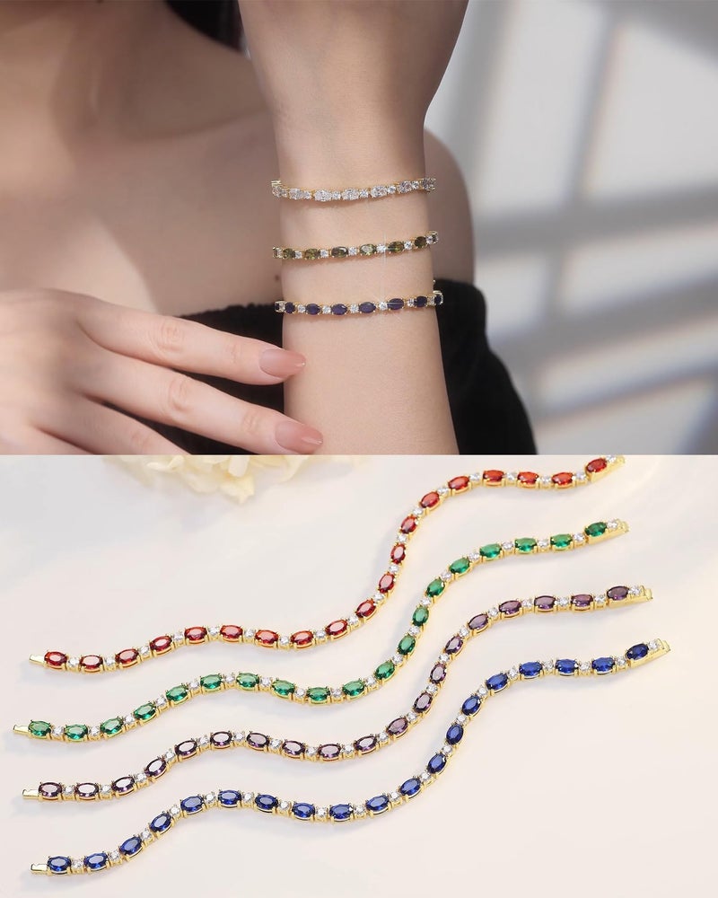 FANCIME 14K Gold Plated Sterling Silver Created Moonstone Tennis Bracelet June Birthstone Bracelet Oval Gemstone 4mm Gold Bracelets for Women 7" - Image 3