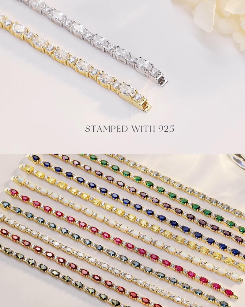 FANCIME 14K Gold Plated Sterling Silver Created Moonstone Tennis Bracelet June Birthstone Bracelet Oval Gemstone 4mm Gold Bracelets for Women 7" - Image 4