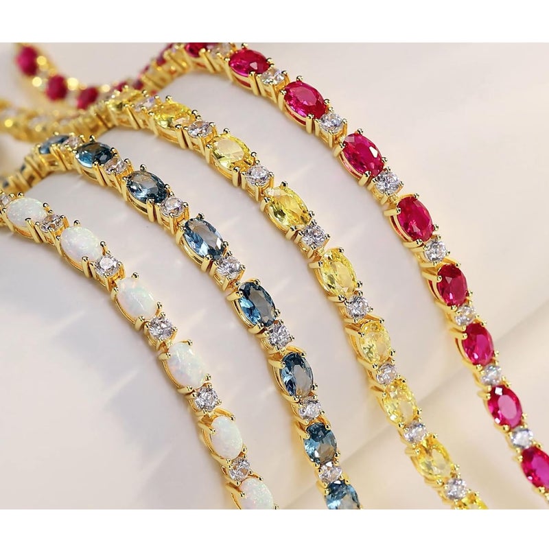 FANCIME 14K Gold Plated Sterling Silver Created Moonstone Tennis Bracelet June Birthstone Bracelet Oval Gemstone 4mm Gold Bracelets for Women 7" - Image 2