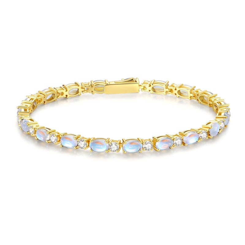 FANCIME 14K Gold Plated Sterling Silver Created Moonstone Tennis Bracelet June Birthstone Bracelet Oval Gemstone 4mm Gold Bracelets for Women 7" - Image 1