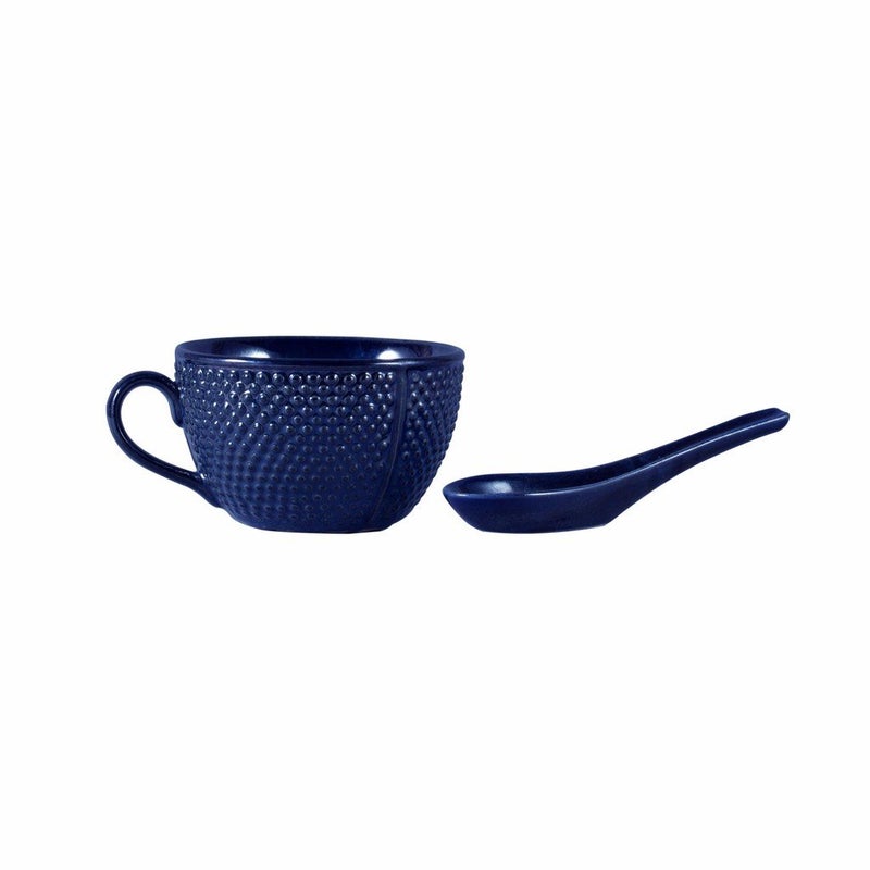 Caffeine Ceramic Handmade Blue Bubble Single Handled Soup Bowl with Spoon (Set of 1)