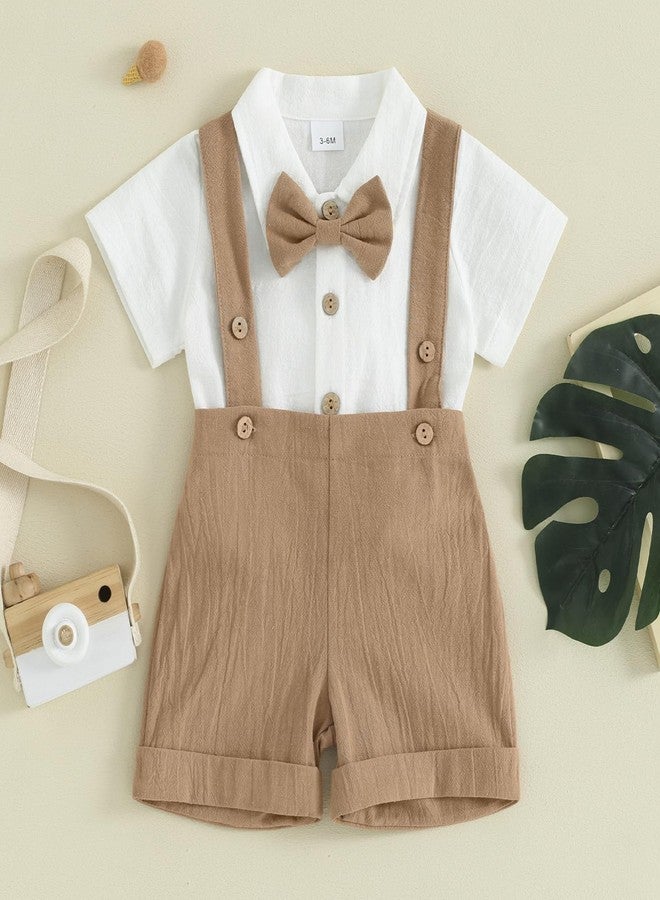 Honganda Baby Boys Gentleman Outfits Bow Tie Short Sleeve Button Up Romper + Overall Shorts Infant Wedding Cake Smash Clothes (Khaki, 12-18 Months) - Image 3