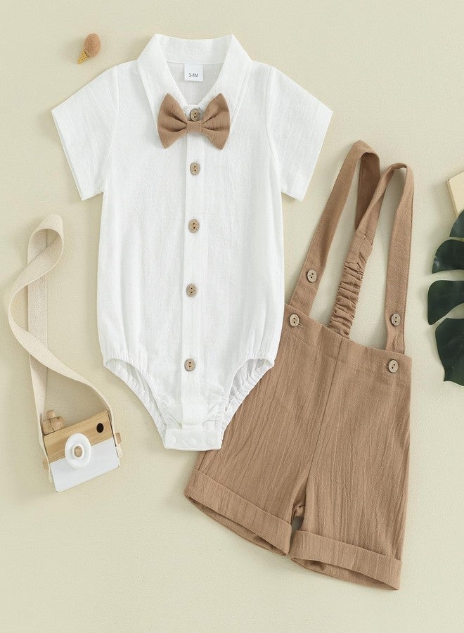 Honganda Baby Boys Gentleman Outfits Bow Tie Short Sleeve Button Up Romper + Overall Shorts Infant Wedding Cake Smash Clothes (Khaki, 12-18 Months) - Image 2