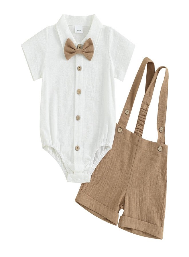 Honganda Baby Boys Gentleman Outfits Bow Tie Short Sleeve Button Up Romper + Overall Shorts Infant Wedding Cake Smash Clothes (Khaki, 12-18 Months) - Image 1