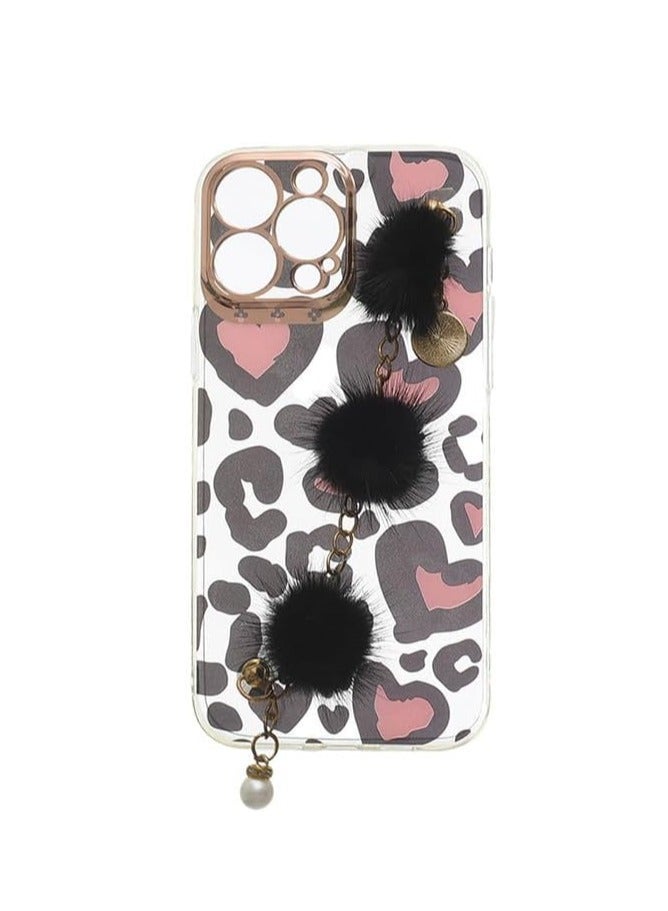 Leopard Heart Clear Case with Black Pom-Pom Chain Strap for iPhone 13 Pro Max, Cute Plush Wristlet Charm Cover - Multicolor - Image 1