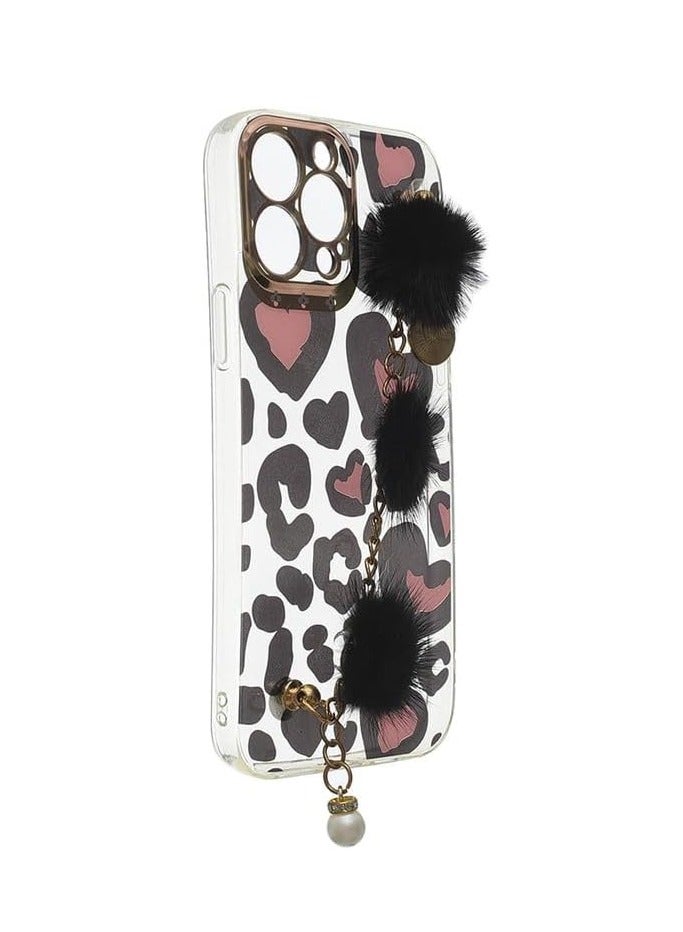 Leopard Heart Clear Case with Black Pom-Pom Chain Strap for iPhone 13 Pro Max, Cute Plush Wristlet Charm Cover - Multicolor - Image 2
