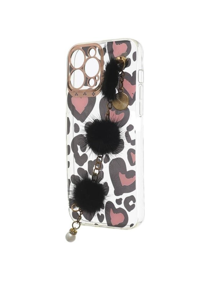 Leopard Heart Clear Case with Black Pom-Pom Chain Strap for iPhone 13 Pro Max, Cute Plush Wristlet Charm Cover - Multicolor - Image 3